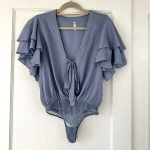Intimately Free People Call Me Later Ruffle Plunge Bodysuit Morning Sky Blue xs